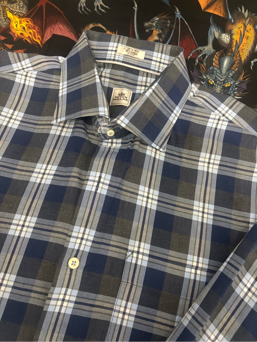 Men's Peter Millar Blue and Gray Plaid Button Down, XL